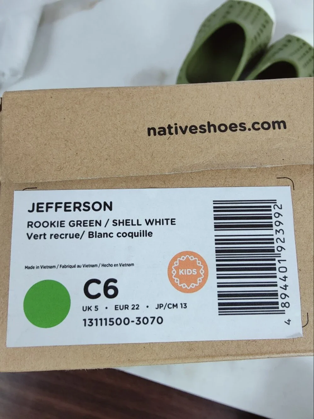 Native Shoes Baby Jefferson Slip On Sneakers Shoes Green White, Sz 6C